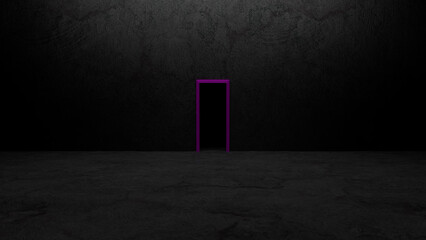 Glowing purple doorway contrasting sharply against a dark grunge wall in an empty room, evoking a sense of mystery and surrealism while inviting imagination and exploration