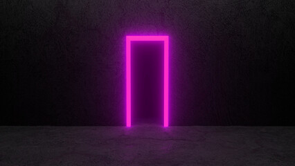 Vibrant pink neon light illuminating a dark concrete wall, creating the outline of a doorway while casting a soft, enchanting glow across the floor, evokes a sense of mystery and possibility
