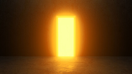 Glowing rectangular doorway illuminating dark room with stone floor creates mysterious and surreal atmosphere, symbolizing hope, opportunity, or new beginnings