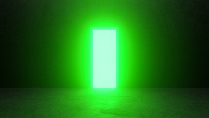 Glowing rectangular door illuminating dark room with green light, creating a mysterious and surreal atmosphere, perfect for fantasy or sci fi concepts