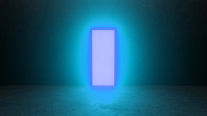 Vibrant neon light glowing against a mysterious door in a dark, textured room creates an otherworldly atmosphere, inviting exploration and evoking a sense of magic and discovery