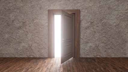 Bright light shining through open door in empty room with wooden floor and textured concrete wall, creating a mysterious and hopeful atmosphere