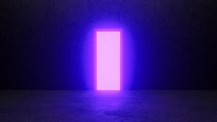 Glowing rectangular purple neon light illuminating a dark room with a concrete floor, enhancing the mysterious and futuristic ambiance while casting vibrant shadows throughout the space