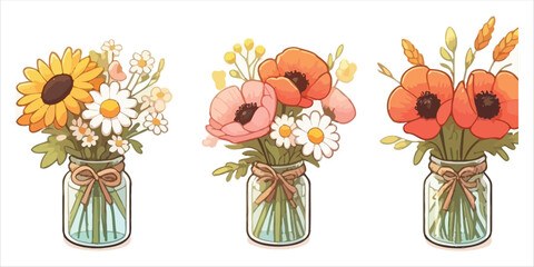 Three jars of wildflowers including sunflowers daisies and poppies with bows