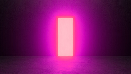 Glowing rectangular doorway emanating vibrant pink neon light within a dark, textured room, creating a mysterious and futuristic atmosphere