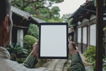 High Detail Picture of Japanese Man Showing a Digital Tablet Screen Outside His Sh