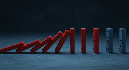 Red dominoes falling in a chain reaction toward blue dominoes, showing risk, cause and effect, or consequences