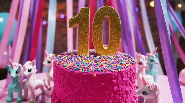 colorful birthday cake with 10, colored ribbons and unicorns in the background, 10 years old