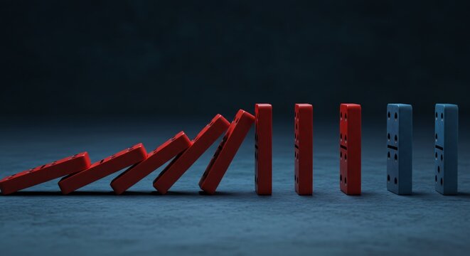 Red dominoes falling in a chain reaction toward blue dominoes, showing risk, cause and effect, or consequences