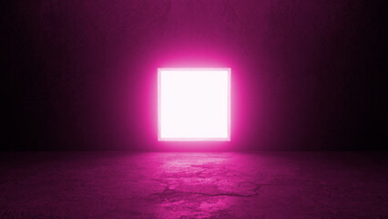 Vibrant pink neon square light glowing in a dark grunge concrete room, creating a striking contrast and evoking a mysterious atmosphere filled with energy and intrigue