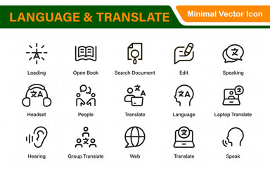 Language web icon set in line style. Language translation, linguistics, speaking, dictionary, listening skills, writing, translate, collection.