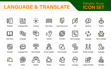 Language web icon set in line style. Language translation, linguistics, speaking, dictionary, listening skills, writing, translate, collection.
