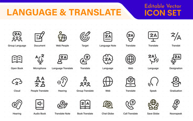 Language web icon set in line style. Language translation, linguistics, speaking, dictionary, listening skills, writing, translate, collection.