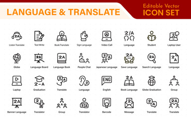 Language web icon set in line style. Language translation, linguistics, speaking, dictionary, listening skills, writing, translate, collection.