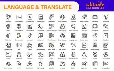 Language web icon set in line style. Language translation, linguistics, speaking, dictionary, listening skills, writing, translate, collection.