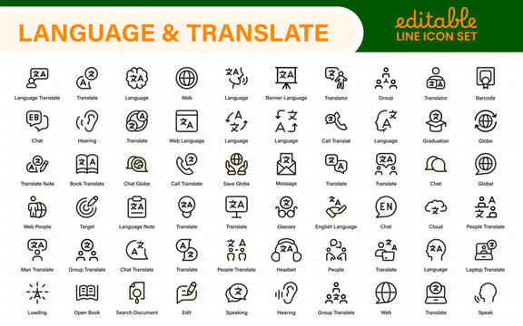 Language web icon set in line style. Language translation, linguistics, speaking, dictionary, listening skills, writing, translate, collection.