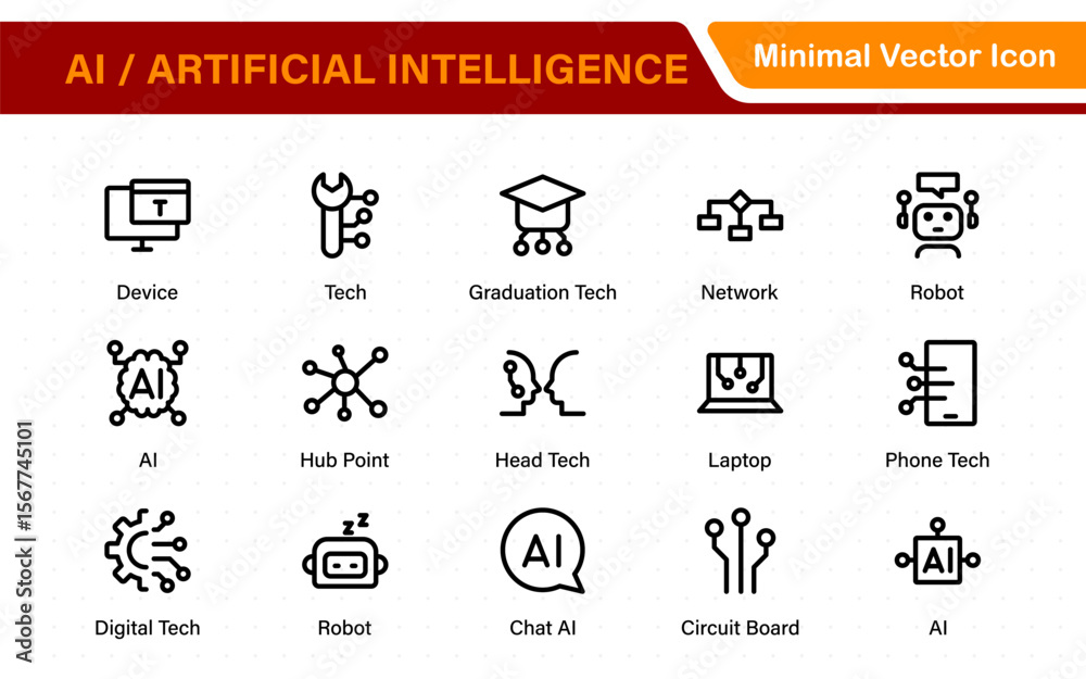 Poster set of ai artificial intelligence icon set vector collection. ai essentials line icon collection, ar