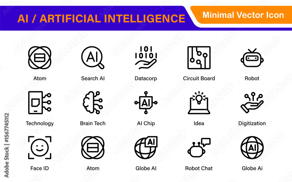 Poster set of ai artificial intelligence icon set vector collection. ai essentials line icon collection, ar
