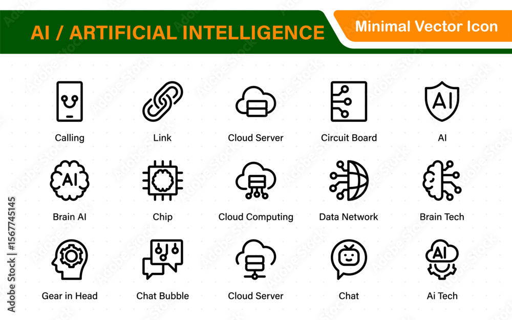 Poster set of ai artificial intelligence icon set vector collection. ai essentials line icon collection, ar
