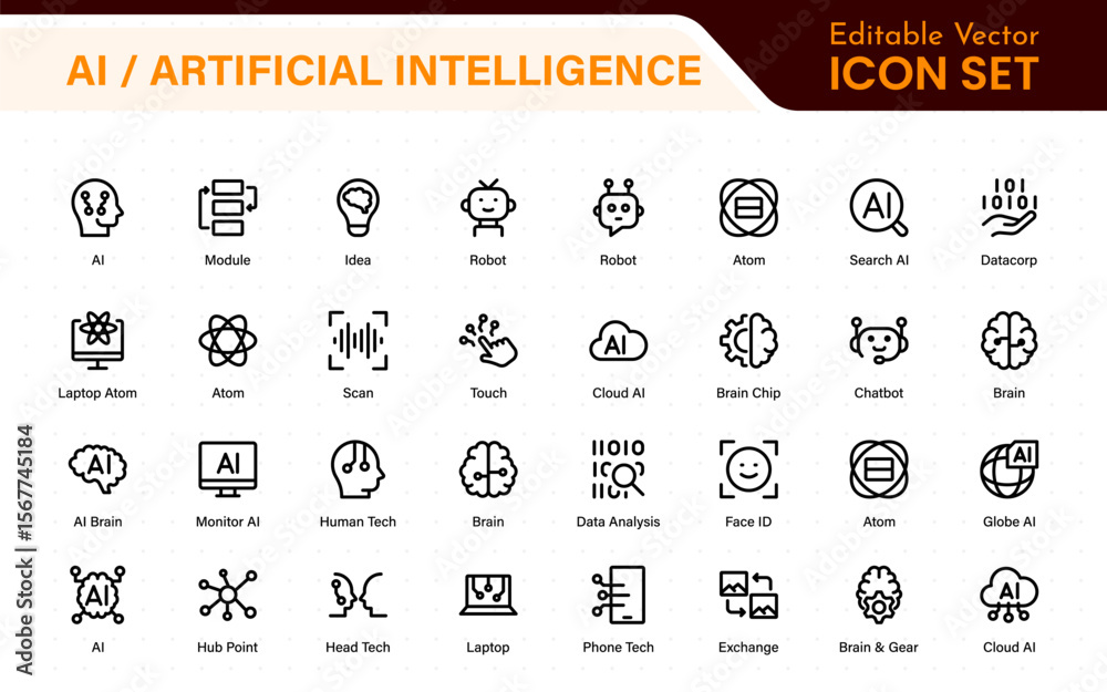 Poster set of ai artificial intelligence icon set vector collection. ai essentials line icon collection, ar