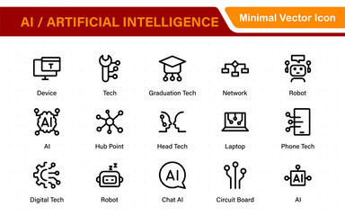 Set of Ai artificial intelligence icon set vector collection. AI Essentials line Icon collection, artificial intelligence icon set in line style, machine learning, smart robotic Free Vector
