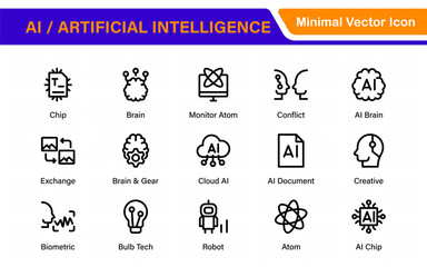 Set of Ai artificial intelligence icon set vector collection. AI Essentials line Icon collection, artificial intelligence icon set in line style, machine learning, smart robotic Free Vector