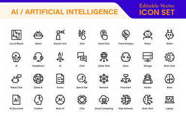 Set of Ai artificial intelligence icon set vector collection. AI Essentials line Icon collection, artificial intelligence icon set in line style, machine learning, smart robotic Free Vector