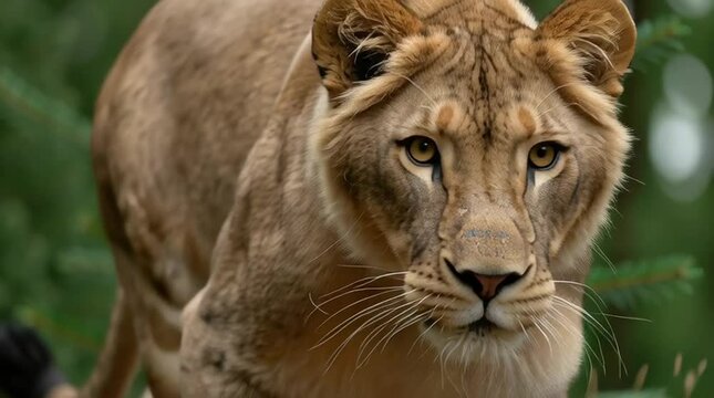 A female asiatic lion runs fast and powerfully through the green Russian forest.