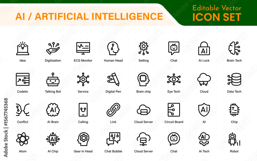 Poster set of ai artificial intelligence icon set vector collection. ai essentials line icon collection, ar