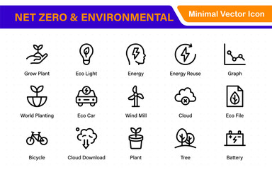 Set of sustainability and Net Zero, environmental, ecological, recyling, green, organic, industry thin line icons. Linear ecology simple symbol collection.