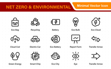 Set of sustainability and Net Zero, environmental, ecological, recyling, green, organic, industry thin line icons. Linear ecology simple symbol collection.