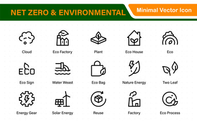 Set of sustainability and Net Zero, environmental, ecological, recyling, green, organic, industry thin line icons. Linear ecology simple symbol collection.