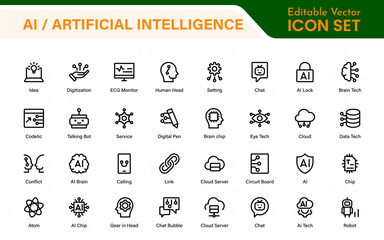 Set of Ai artificial intelligence icon set vector collection. AI Essentials line Icon collection, artificial intelligence icon set in line style, machine learning, smart robotic Free Vector