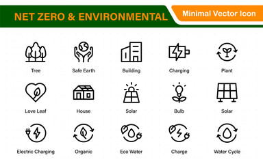 Set of sustainability and Net Zero, environmental, ecological, recyling, green, organic, industry thin line icons. Linear ecology simple symbol collection.