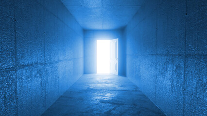 Bright light shining from an open door at the end of a dark blue tunnel, creating a powerful visual metaphor for hope, opportunity, and the promise of a brighter future