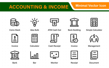 Set of line icons related to accounting, audit, and taxes. Outline icon collection. Business symbols.Income set. Containing money, tax, earnings, payment, paycheck, work, pension, and wages icons.