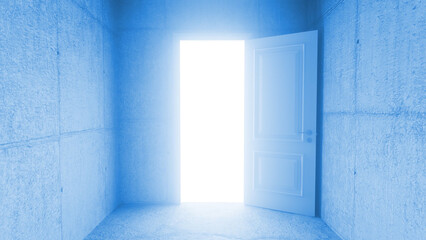 Open white door illuminating a dark concrete room with bright light, representing hope, opportunity, and new beginnings while inviting exploration of the unknown and potential