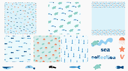 Seamless vector pattern set featuring playful sea animals—fish, turtles, jellyfish, and starfish—in soft blue and coral tones. Ideal for kids’ textiles, packaging, and decor