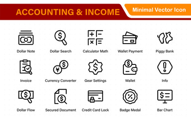 Set of line icons related to accounting, audit, and taxes. Outline icon collection. Business symbols.Income set. Containing money, tax, earnings, payment, paycheck, work, pension, and wages icons.
