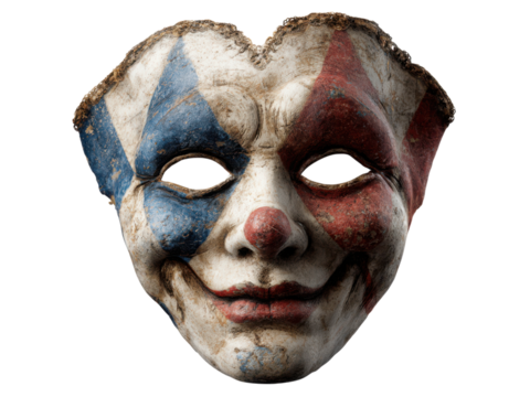 Aged distressed clown mask with red blue diamond patterns face vintage, Isolated, Transparent Png