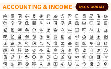 Set of line icons related to accounting, audit, and taxes. Outline icon collection. Business symbols.Income set. Containing money, tax, earnings, payment, paycheck, work, pension, and wages icons.