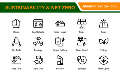 Obraz premium Set of sustainability and Net Zero, environmental, ecological, recyling, green, organic, industry thin line icons. Linear ecology simple symbol collection.