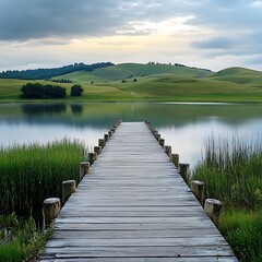 Fototapeta premium Minimalist dock leading into calm lake water high resolution picture