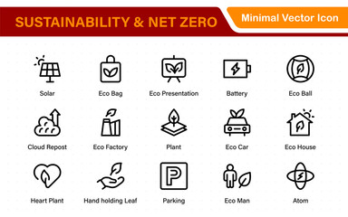 Set of sustainability and Net Zero, environmental, ecological, recyling, green, organic, industry thin line icons. Linear ecology simple symbol collection.