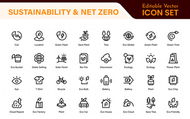 Set of sustainability and Net Zero, environmental, ecological, recyling, green, organic, industry thin line icons. Linear ecology simple symbol collection.