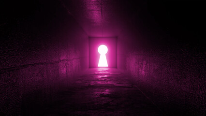 Bright keyhole shaped light illuminating the end of a dark pink grungy tunnel, representing hope and opportunity while symbolizing the journey of overcoming challenges and embracing new beginnings