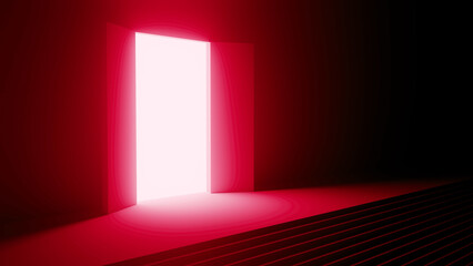 Open door revealing bright light, illuminating a red room with stairs leading to a doorway, evoking a mysterious and surreal atmosphere filled with intrigue and possibility