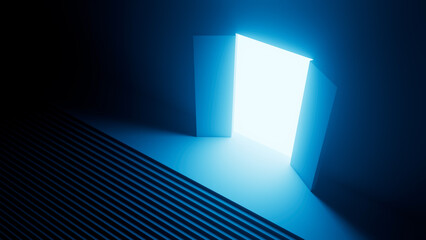 Fototapeta premium Light streaming through an open door illuminates a dark room with stairs, evoking a mysterious and hopeful atmosphere for new beginnings and overcoming challenges