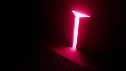 Bright pink neon light creating an upwards pointing arrow shaped doorway illuminates a dark room with a striped floor, symbolizing hope, opportunity, or a new path