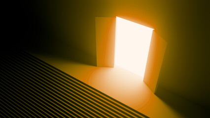 Slightly open double door letting a bright light shine into a dark room with stairs, creating a concept of hope, opportunity, and new beginnings